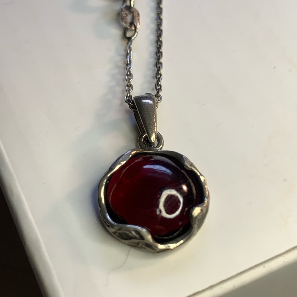 Silver Pendant Necklace with Deep Red Cabochon or Garnet. Marked 925 super cute!